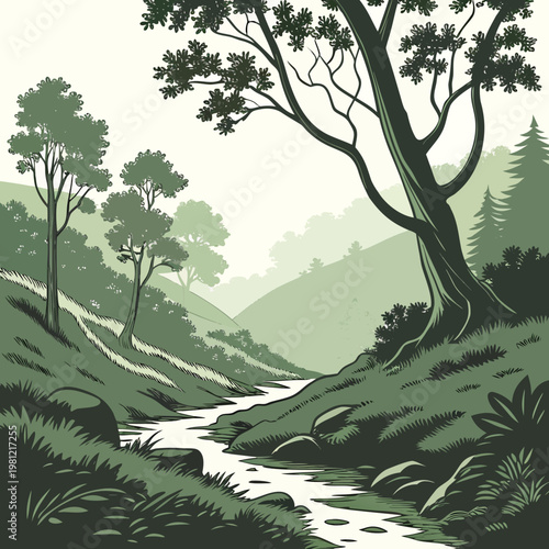 A serene landscape depicts a winding stream flowing through lush rolling green hills and shadowed trees creating a peaceful vista high quality