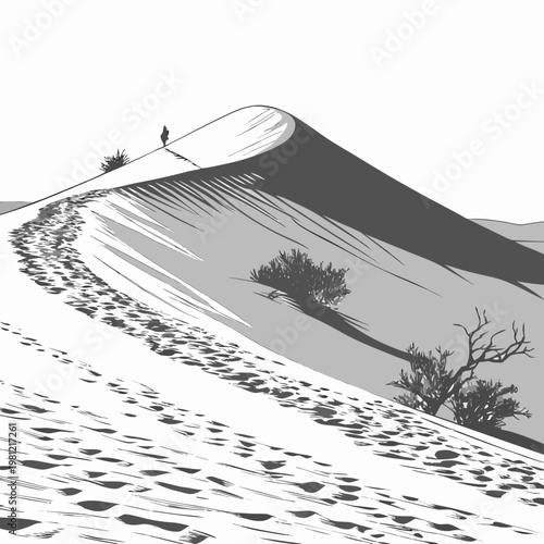 A stark black and white illustration depicts a lone figure atop a large sand dune highlighting the vastness and solitude of the