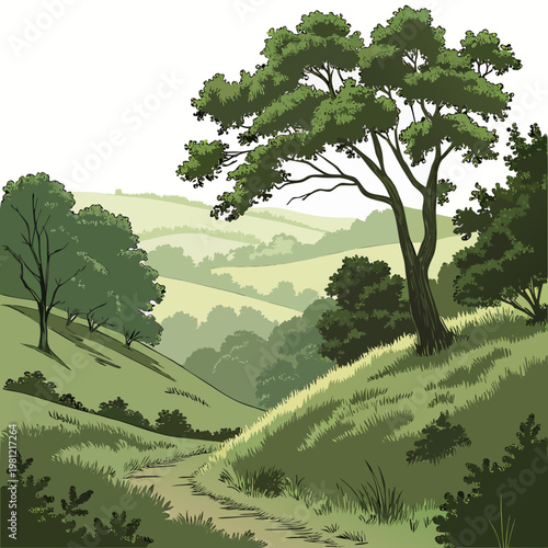 A serene landscape illustration depicts rolling green hills lush trees and a winding path evoking a peaceful rural scene high quality professional