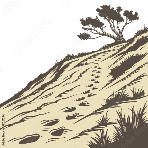 A winding pathway ascends a grassy hillside leading towards a solitary silhouetted tree atop the slope high quality professional detailed modern elegant