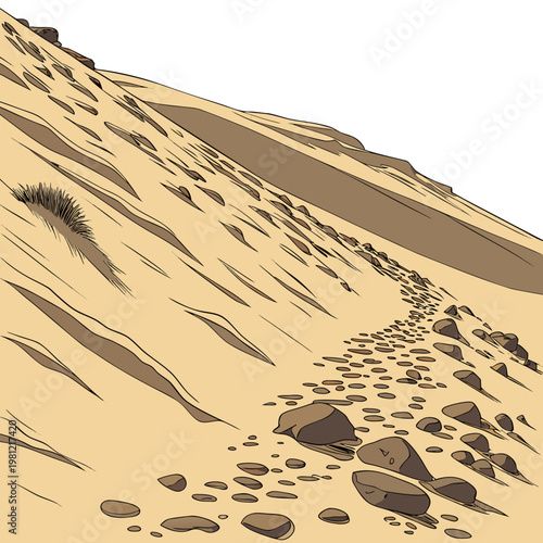 A winding rocky path ascends a sun drenched barren hillside suggesting a challenging trek through arid terrain high quality professional detailed modern