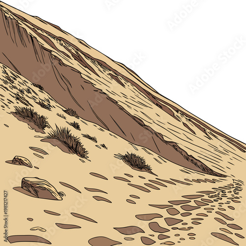 A stylized illustrative depiction of a sun drenched desert landscape featuring rocky terrain and sparse vegetation high quality professional detailed modern elegant