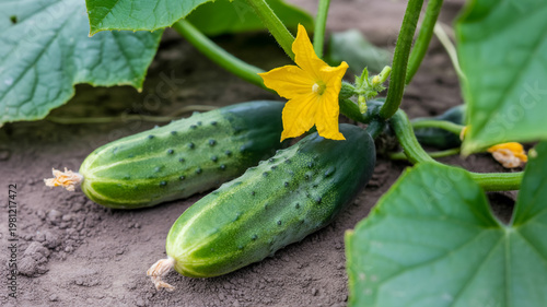 Fresh green cucumbers growing in a garden.