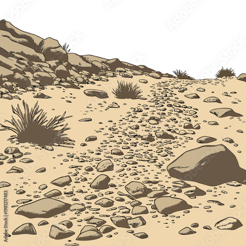 A sun baked arid desert landscape features rocky terrain sparse vegetation and a winding pebble strewn path leading into the distance