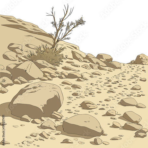 A minimalist illustration depicts a barren rocky landscape with a solitary sparsely leaved shrub clinging to the hillside high quality professional detailed
