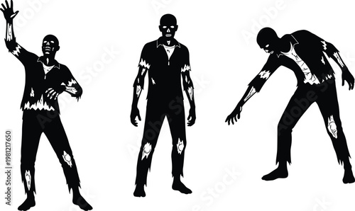 zombie silhouettes set scary undead characters poses isolated on white background halloween horror creepy monster illustration walking dead design concept