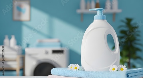 Pump bottle slightly left on blue towels with daisies refined minimalist laundry editorial