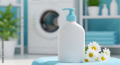 White household dispenser with pale blue top in bright laundry room shallow depth stock photo