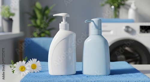 Hero detergent bottle on rich powder blue fabric with daisies luxury product composition