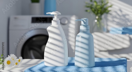 White pump dispenser with floral foreground and cool tones premium laundry room mockup