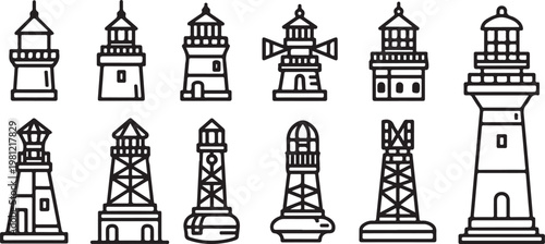 A collection of illustrated architectural structures in black and white Vector