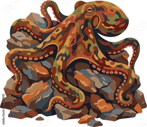 Camouflaged octopus resting on rocks at the bottom of the sea