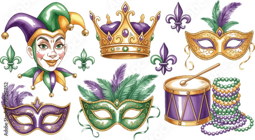 Colorful mardi gras masks and accessories set with beads and crowns Vector