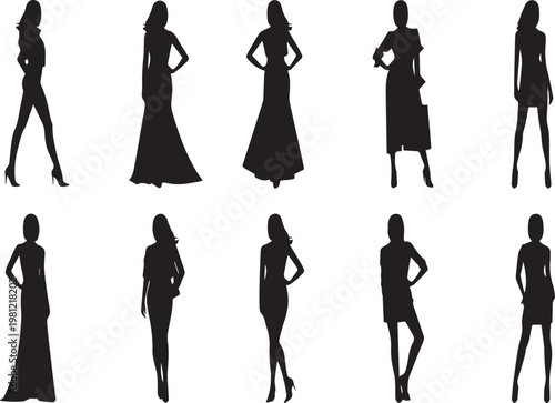 Collection of woman silhouettes on transparent background for design