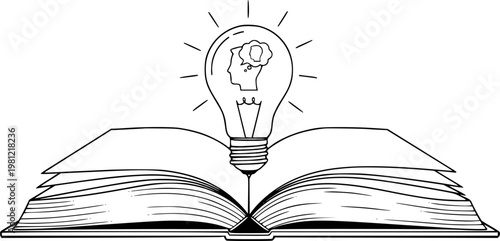 Open book with light bulb containing silhouette of thinking head and thought bubble