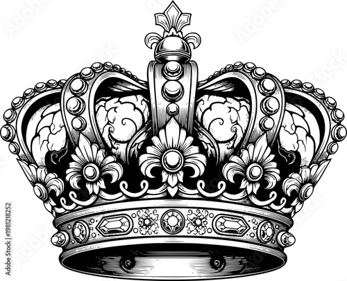 Ornate Black and White Engraved Royal Crown with Jewels and Floral Motifs regal monarchy