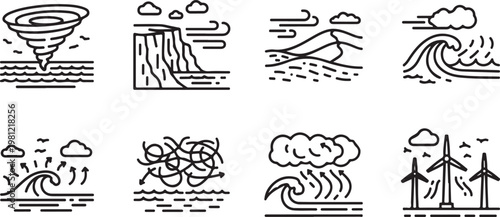 A collection of eight simple black and white line drawings of various objects Vector