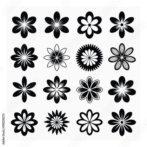Collection of Black and White Floral Silhouettes on White Background