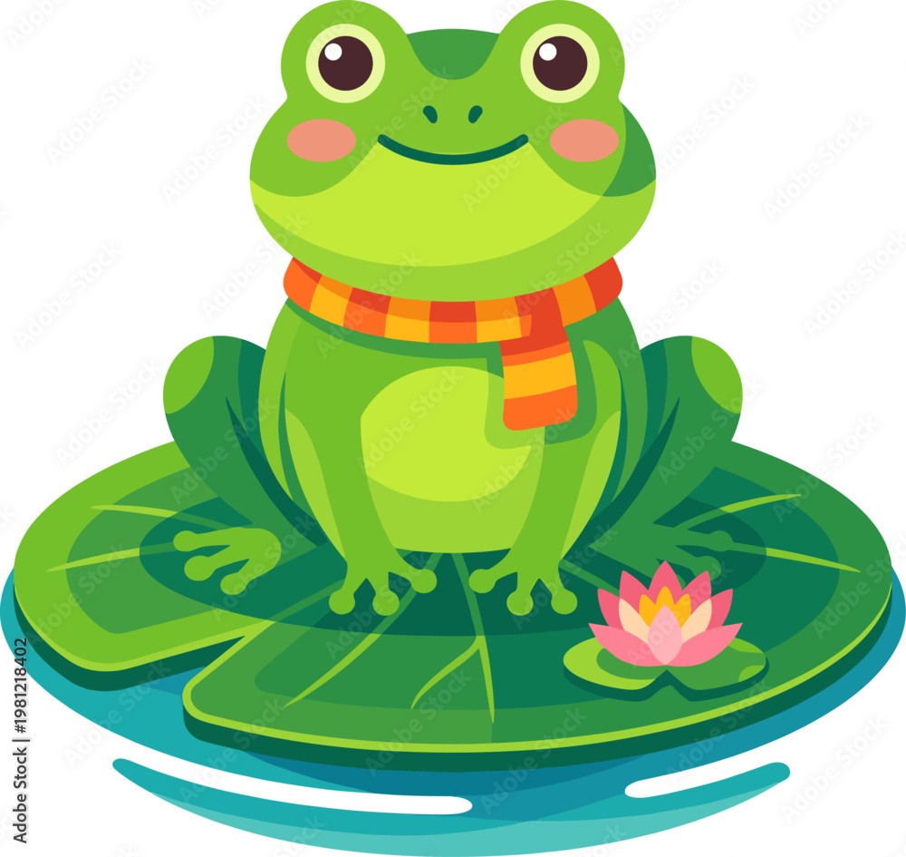 Fototapeta premium Green frog wearing a scarf sitting on a lily pad in a pond
