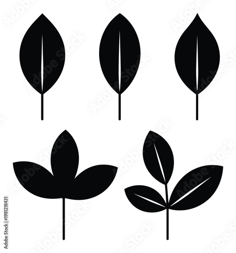 Collection of Black Silhouette Leaves on White Background