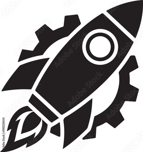 Black rocket ship icon, gear background, launch symbol, business concept