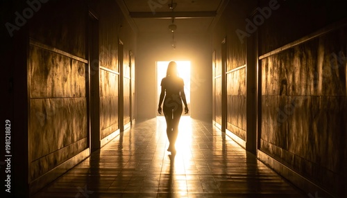 Silhouetted figure walking toward bright light in a narrow hallway, creating a sense of mystery and anticipation
