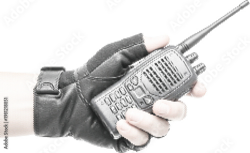 Hand holding walkie talkie in halftone stipple for communication and security emergency services