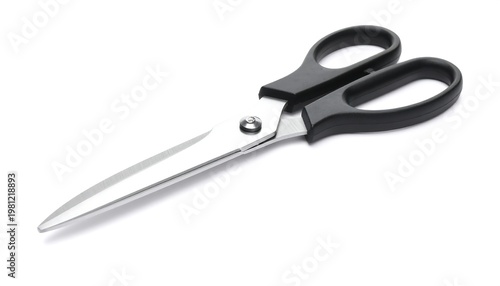 Silver scissors with black handles on a white background, angled diagonally