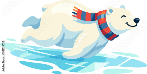 Polar bear sliding across ice in a striped scarf