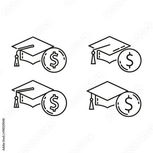 Student Loan and Education Cost Concept Icons Featuring Graduation Caps with Dollar Currency Signs