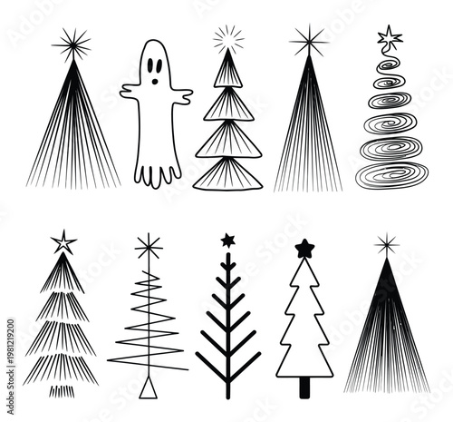 Collection of Stylized Christmas Trees and a Ghost