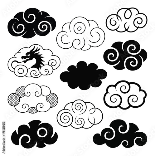 Collection of Stylized Clouds and Dragon Silhouette
