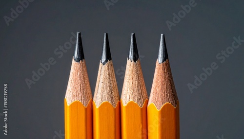 Macro shot of four sharpened yellow pencils in a row on a dark background