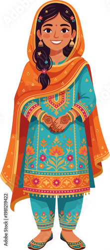 Smiling indian woman wearing traditional teal salwar kameez and dupatta