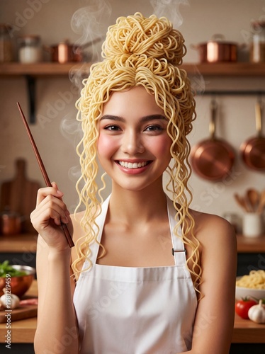 Young Southeast Asian Woman Chef with Surreal Ramen Noodle Hair Holding Chopstick in Warm Kitchen, Playful Food Editorial Portrait