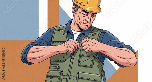 Construction worker fastening safety vest and helmet.