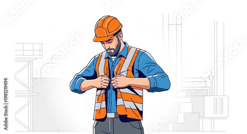 Construction worker fastening safety vest wearing hard hat.