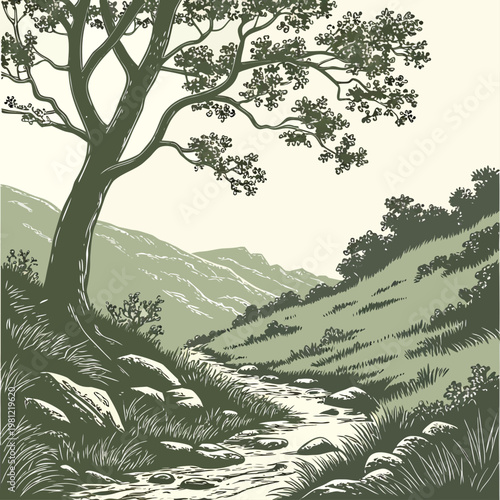 Fotografie A vintage style illustration depicts a serene landscape with a prominent tree ov