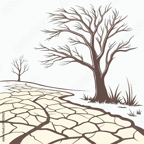 A stark illustration depicts a parched landscape with cracked earth barren trees and a sense of desolation and environmental hardship high quality