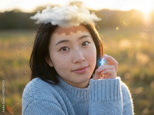 Young East Asian Woman Holding Lightning Bolt with Cloud Hat in Dreamy Surreal Portrait
