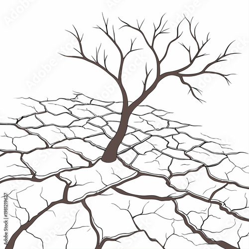 A stark illustration depicts a barren tree growing from cracked earth symbolizing drought desolation and the fragility of life high quality professional