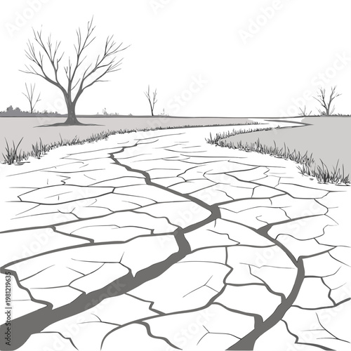 A stark black and white illustration depicts a cracked dry landscape with sparse vegetation and a winding path through barren terrain