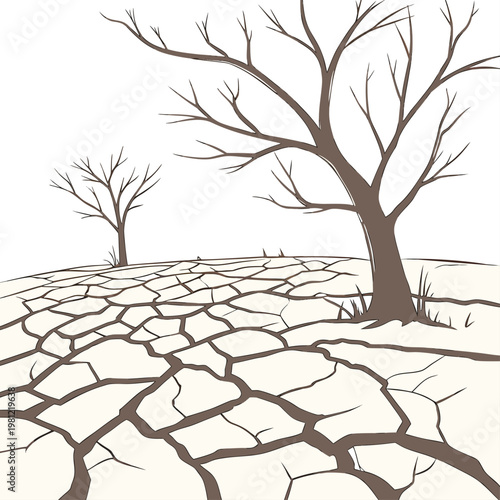 A desolate landscape featuring two bare trees standing on cracked dry earth evoking a sense of drought and environmental hardship high quality