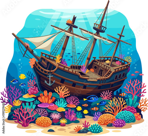 Sunken wooden shipwreck resting on a colorful coral reef with tropical fish