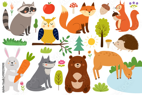 Doodle forest animals collection. Cute woodland characters clipart set in cartoon style. Raccoon, fox, squirrel, rabbit and more. Vector illustration