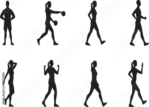Vector silhouette icons of people exercising on transparent background for fitness and sports concepts