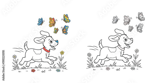 Cute running puppy chasing butterflies coloring book page template. Black and white outline and partly colored vector illustration.