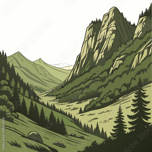 A picturesque landscape illustration depicts a lush green mountain valley with towering rocky peaks and dense evergreen forests high quality professional detailed