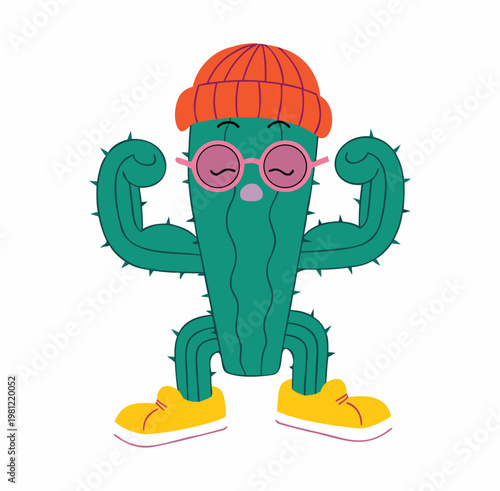 A cartoon cactus flexing its arms while wearing a hat and sunglasses
