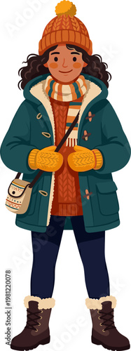 Woman wearing a teal winter parka and warm accessories for cold weather